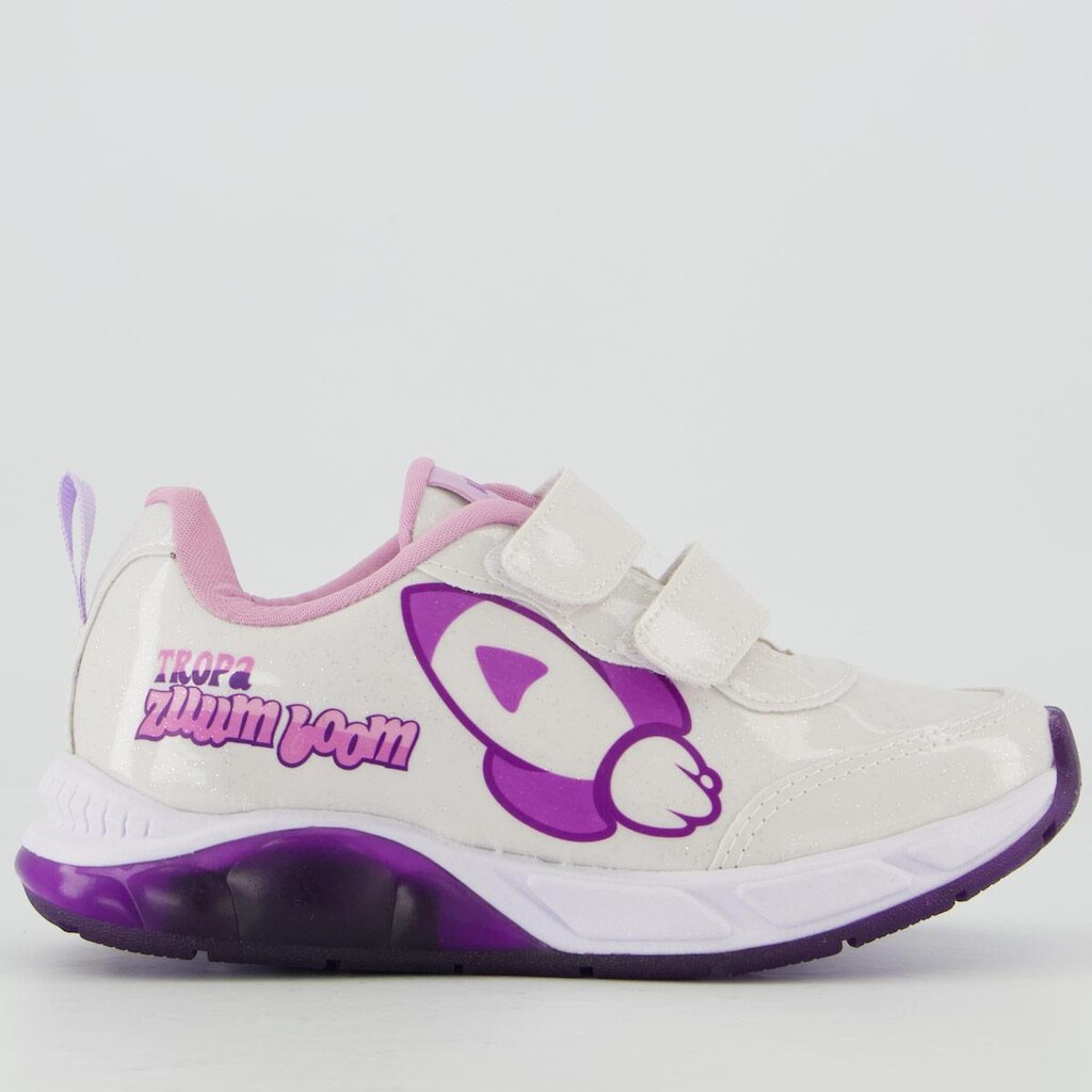 Tênis Turma dos Rosa Katlen Branco Infantil e Roxo com Pisca