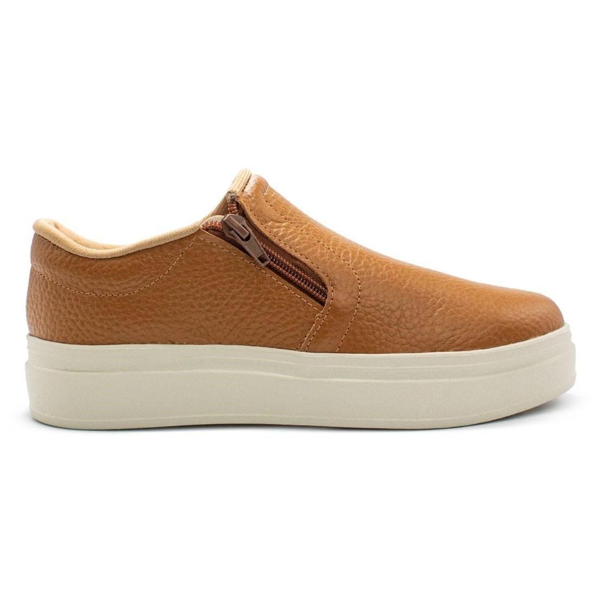 Tênis Usaflex Feminino Slip On Em Couro Plataforma Zíper Casual