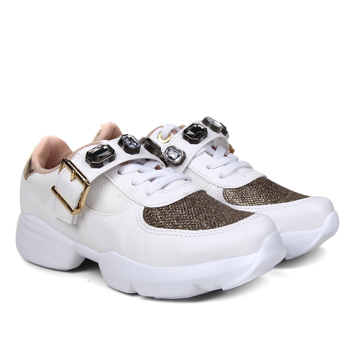Tênis Vizzano Sneaker Detalhe Pedra Feminino - Branco+dourado Menor preço em Tênis Vizzano Sneaker Detalhe Pedra Feminino - Branco+dourado