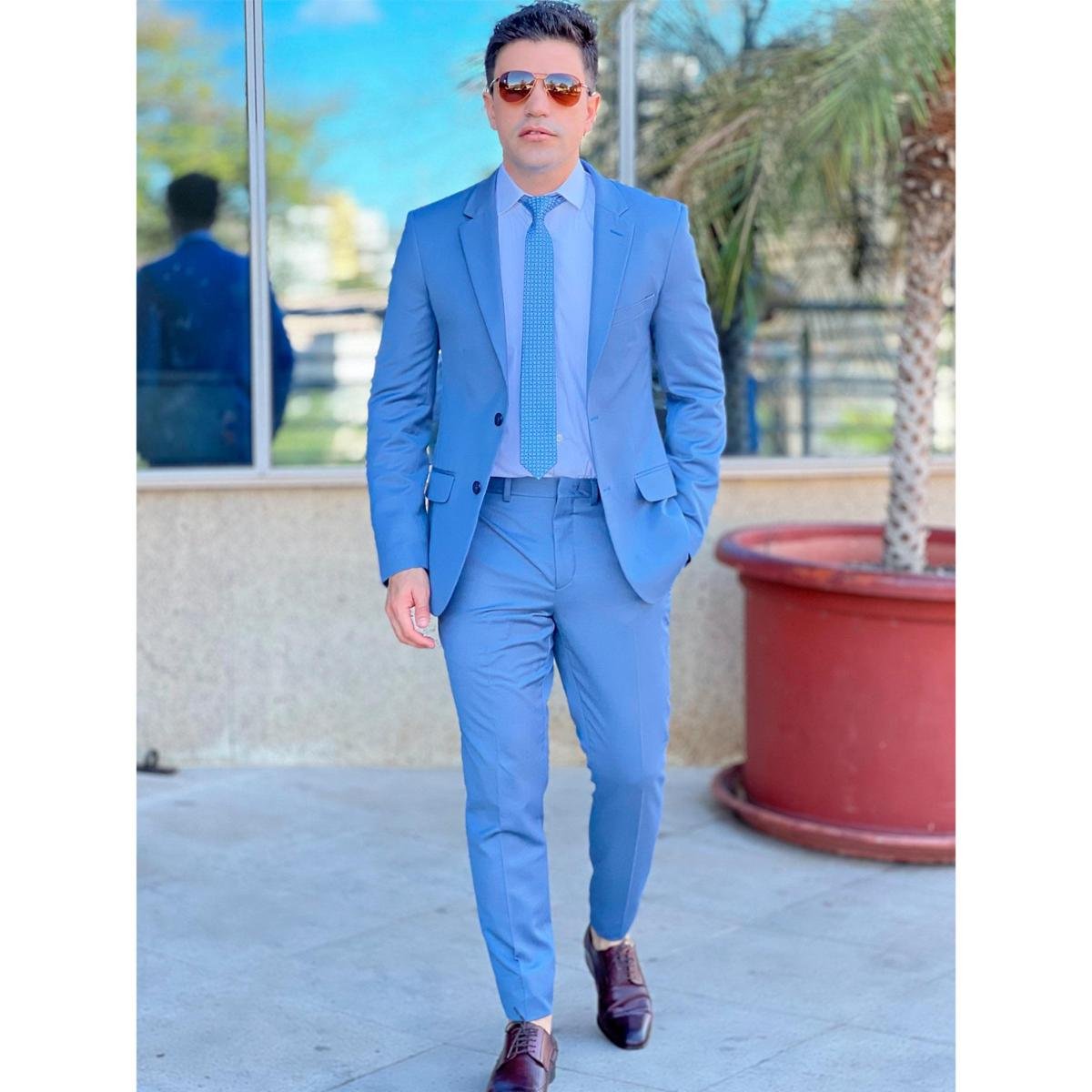 Color Traje Azul Bajito Slim Fit Terno Color Azul Acero Ternos De