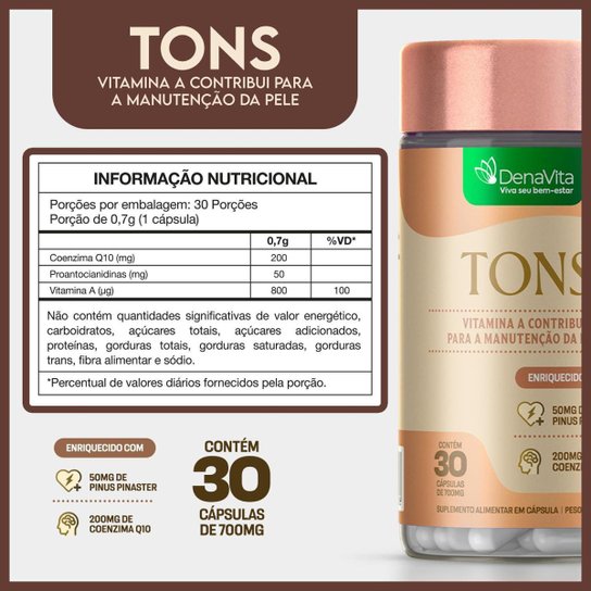 TONS Enriquecido Com Pinus Pinaster e Coenzima Q10, Clareador via Oral Denavita
