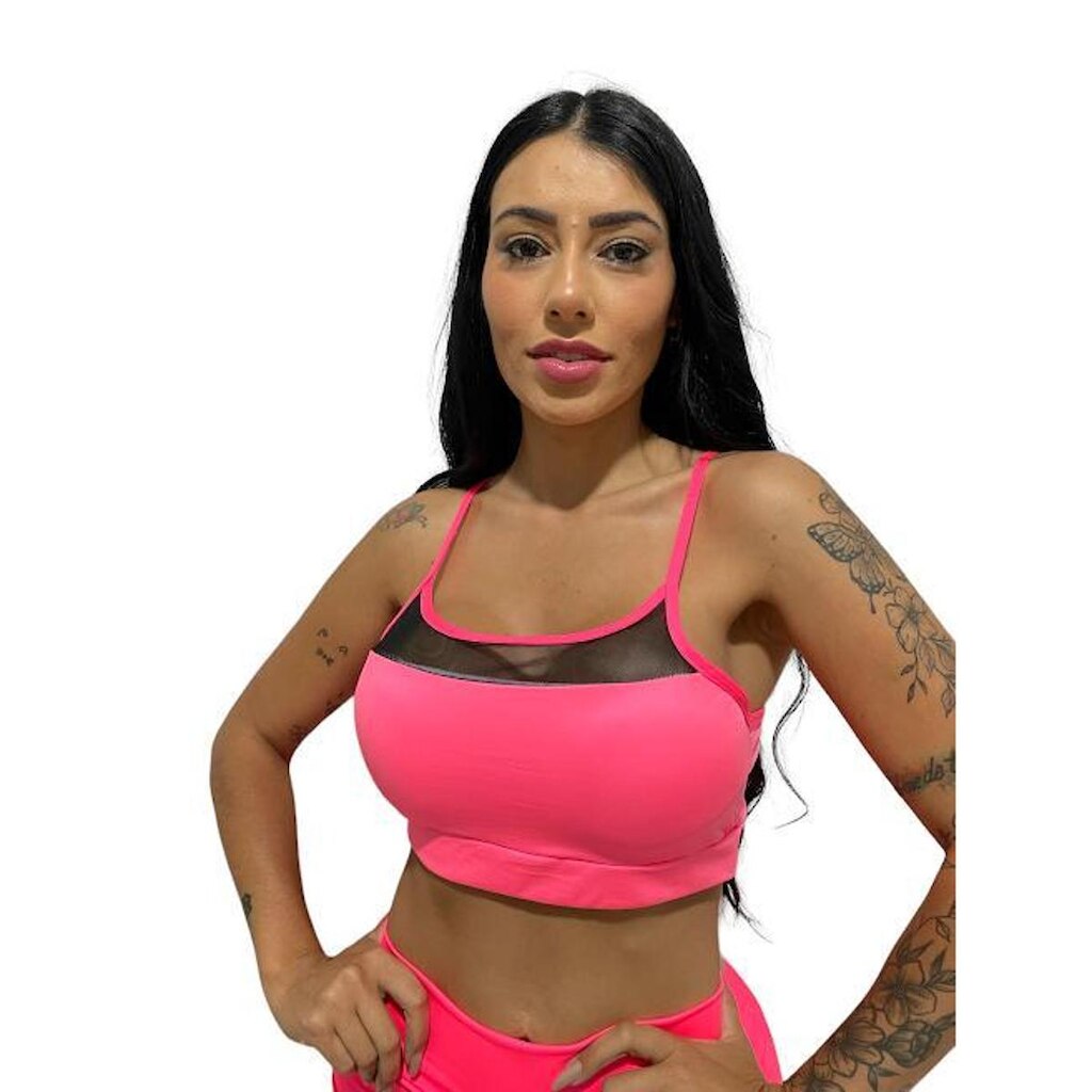 top Alcinha com tule feminino fitness com bojo removível
