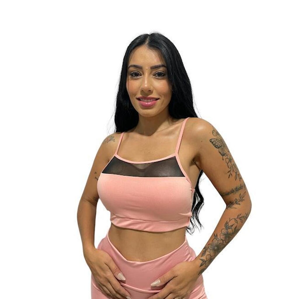 top Alcinha com tule feminino fitness com bojo removível