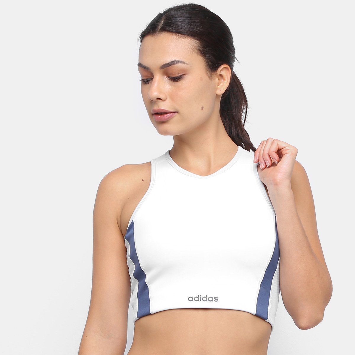 Top Cropped Adidas Enhanced Motion Bra - Branco+Azul Menor preço em Top Cropped Adidas Enhanced Motion Bra - Branco+Azul