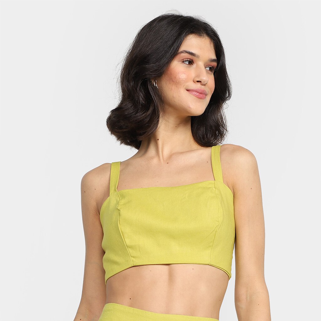 Top Cropped Farm Alças Reto Liso Decote Quadrado Feminino
