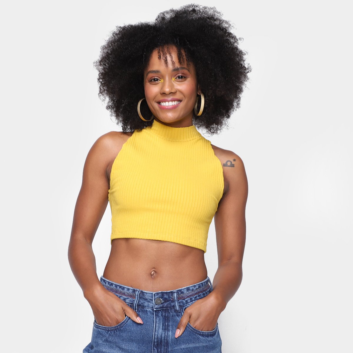 Top Cropped Farm Canelado - Amarelo Menor preço em Top Cropped Farm Canelado - Amarelo