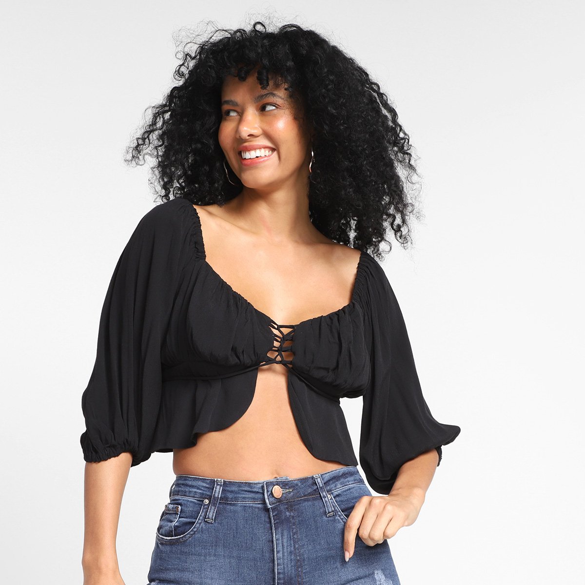 Top Cropped Loved Manga Bufante Amarração Feminina Menor preço em Top Cropped Loved Manga Bufante Amarração Feminina