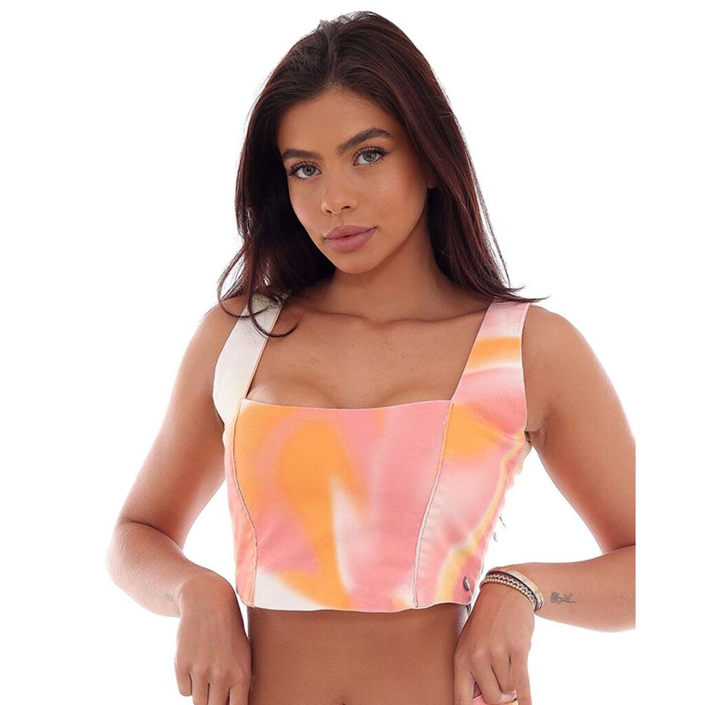 TOP DE ALÇA FEMININO ESTAMPADO LARANJA E ROSA