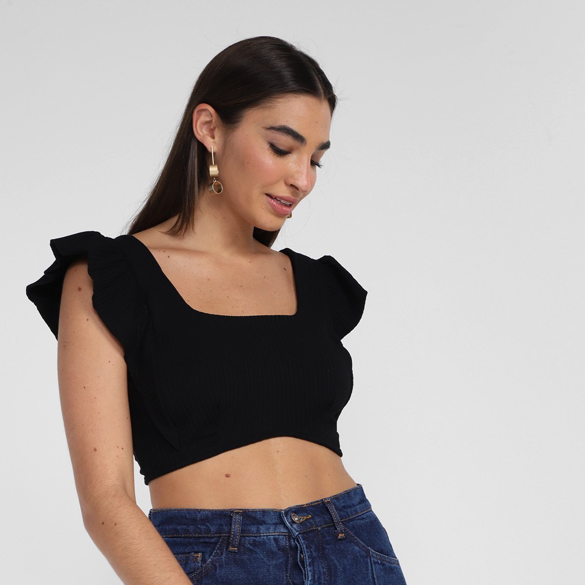Top Farm Cropped Canelado Manga Babado Feminino - Preto Menor preço em Top Farm Cropped Canelado Manga Babado Feminino - Preto