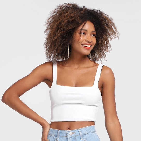 Top Farm Cropped Decote Quadrado Double Feminino - Off White+Preto