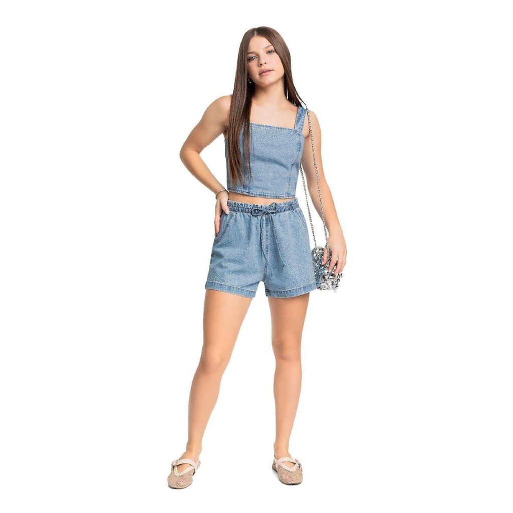 Top Juvenil em Jeans com Strass Gloss