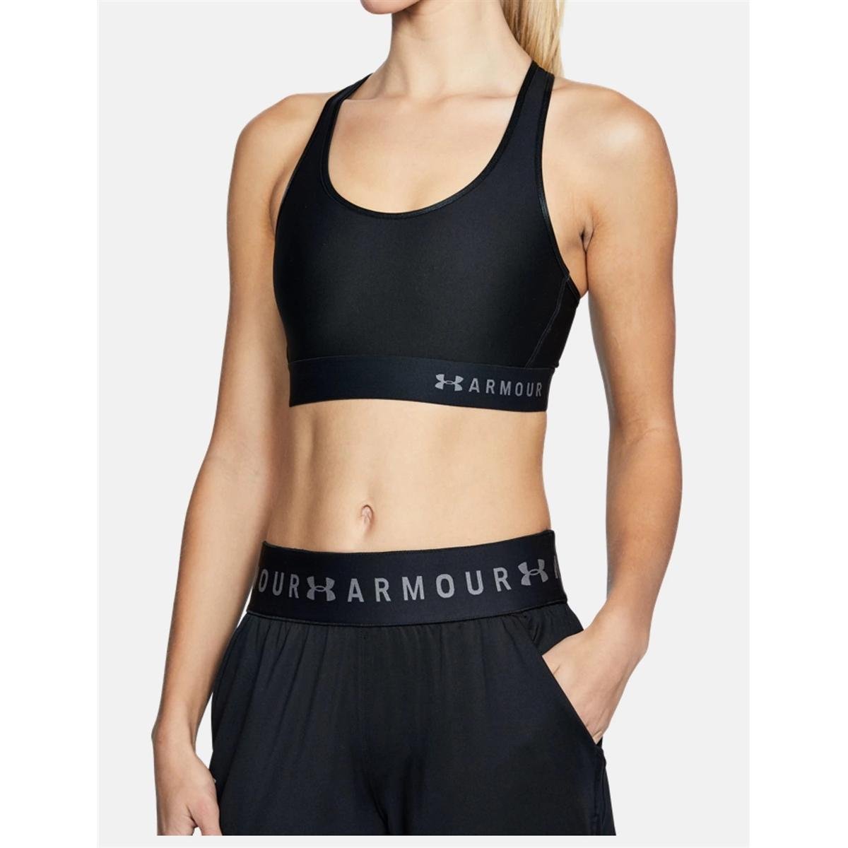 Top Under Armour Mid Keyhole Média Sustentação - Preto+Prata Menor preço em Top Under Armour Mid Keyhole Média Sustentação - Preto+Prata