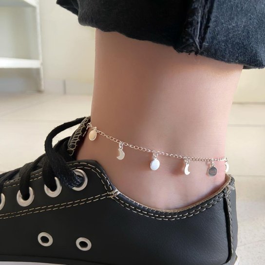 Tornozeleira Lua e Medalha Banhada a Prata Semijoia Zattini