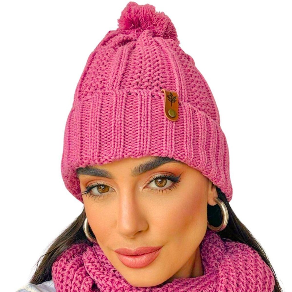 Touca pompom feminina de lã tricot frio inverno