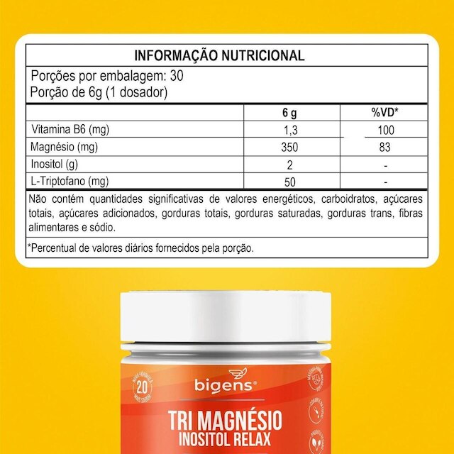 Tri Magnésio Inositol 2000mg Relax Triptofano + Vitamina B6 180g - Bigens