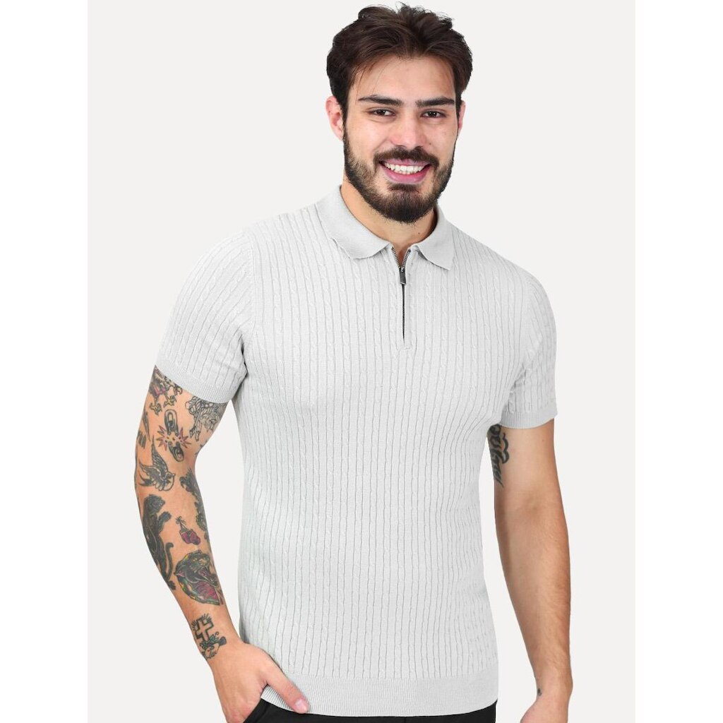 Tricô Dixen Manga Curta Gola Polo Ziper Cinza