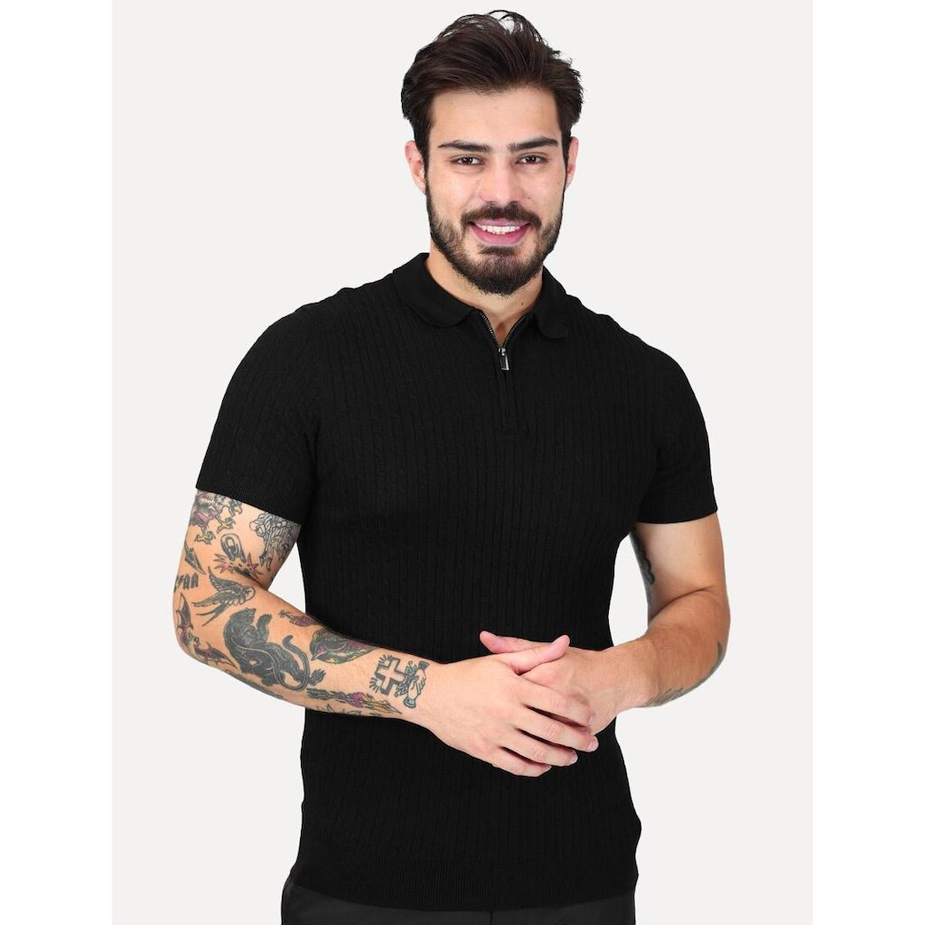 Tricô Dixen Manga Curta Gola Polo Ziper Preta