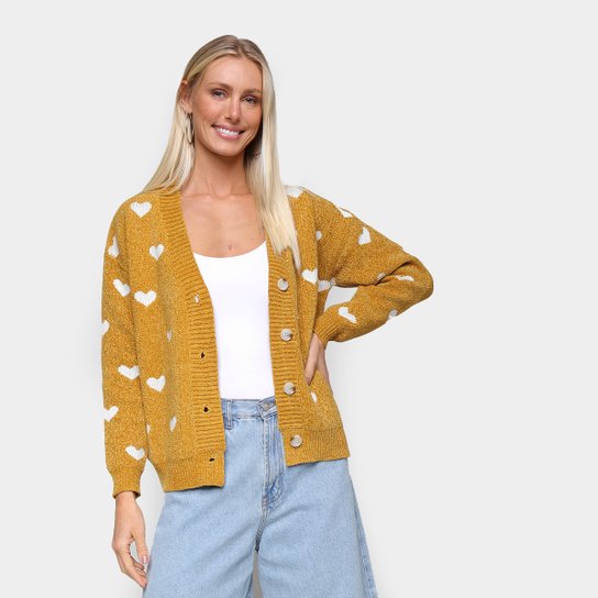 Tricô Facinelli Coração Com Botões Feminino - Amarelo