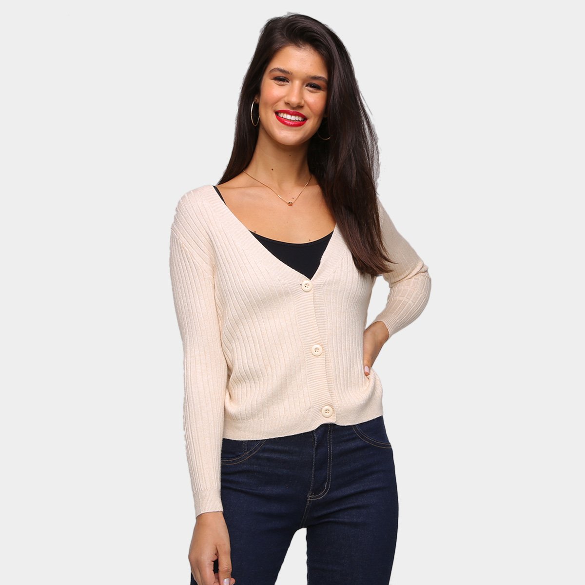 Tricô Top Modas Aberto Cropped Feminino - Bege Menor preço em Tricô Top Modas Aberto Cropped Feminino - Bege