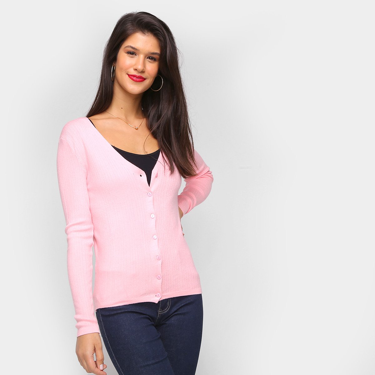 Tricô Top Modas Aberto Decote V Feminino - Rosa Menor preço em Tricô Top Modas Aberto Decote V Feminino - Rosa