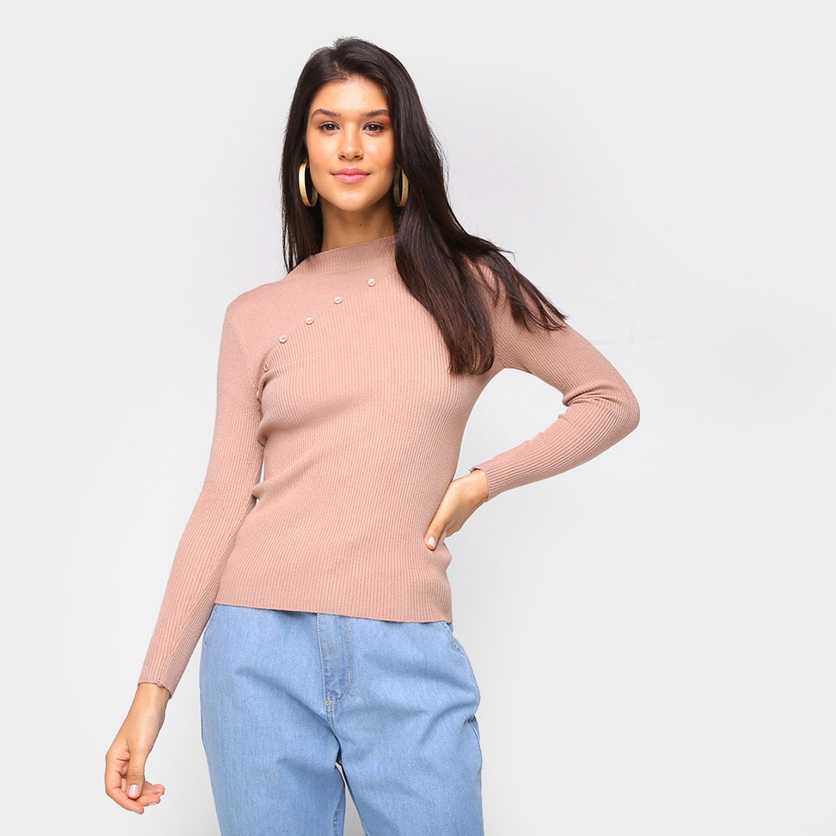 Tricô Top Modas Gola Alta Detalhe Botões Feminino - Bege Menor preço em Tricô Top Modas Gola Alta Detalhe Botões Feminino - Bege