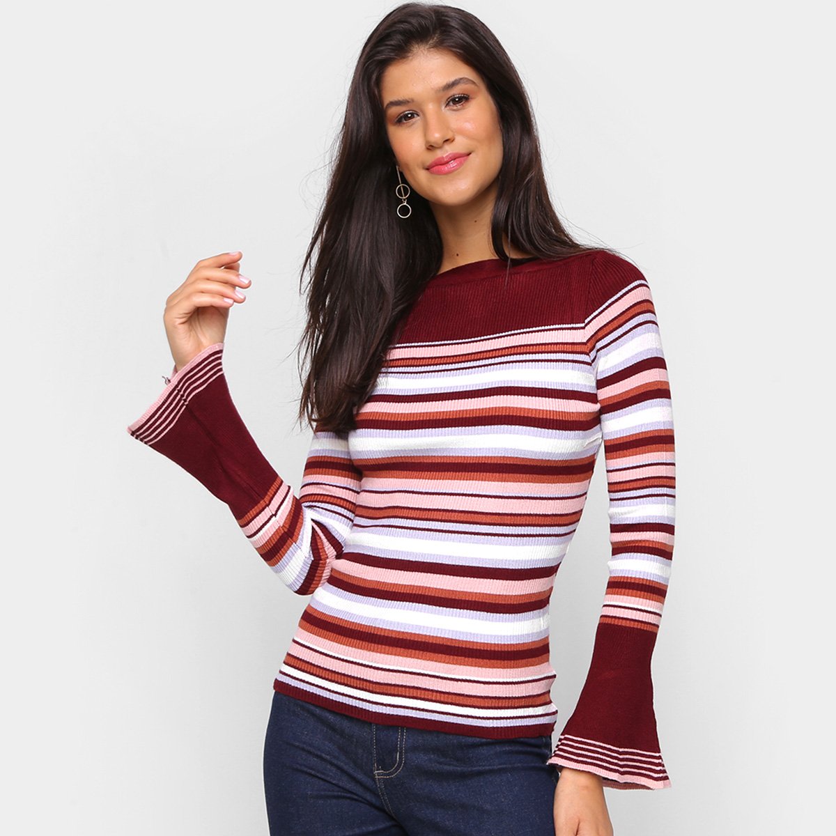 Tricô Top Modas Manga Flare Listrado Feminino - Vinho Menor preço em Tricô Top Modas Manga Flare Listrado Feminino - Vinho