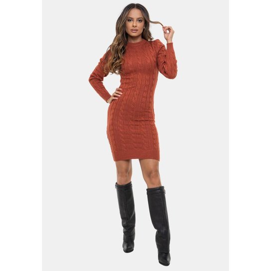 Tricô Vestido Curto Pink Tricot Modal Trançado Manga Longa Feminino - Marrom