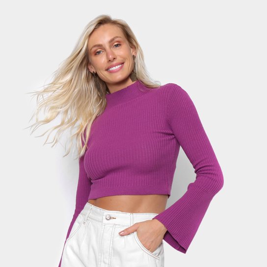 Tricot Cropped Farm Canelado Feminino - Roxo