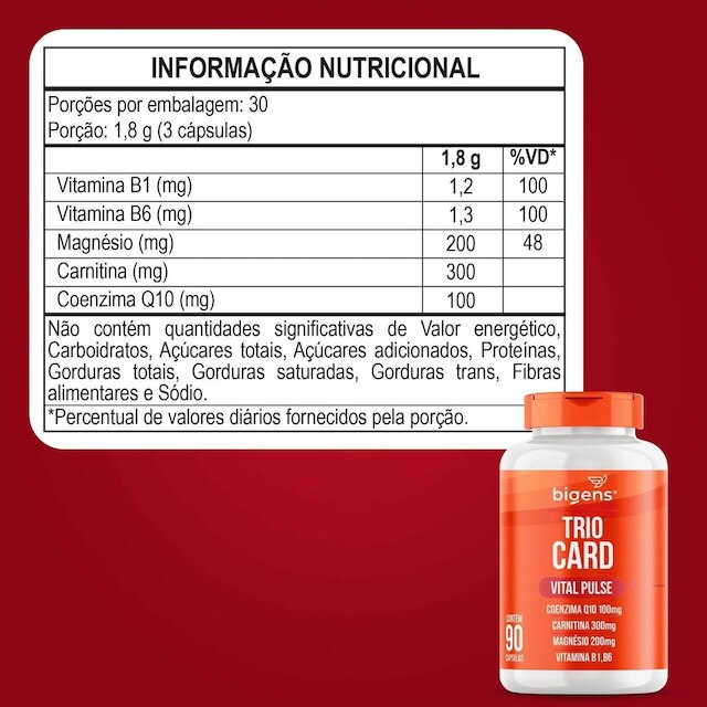 Trio Card Vital Pulse Coenzima Q10, L-Carnitina, Magnésio, Vitaminas B1 e B6 90 Caps - Bigens