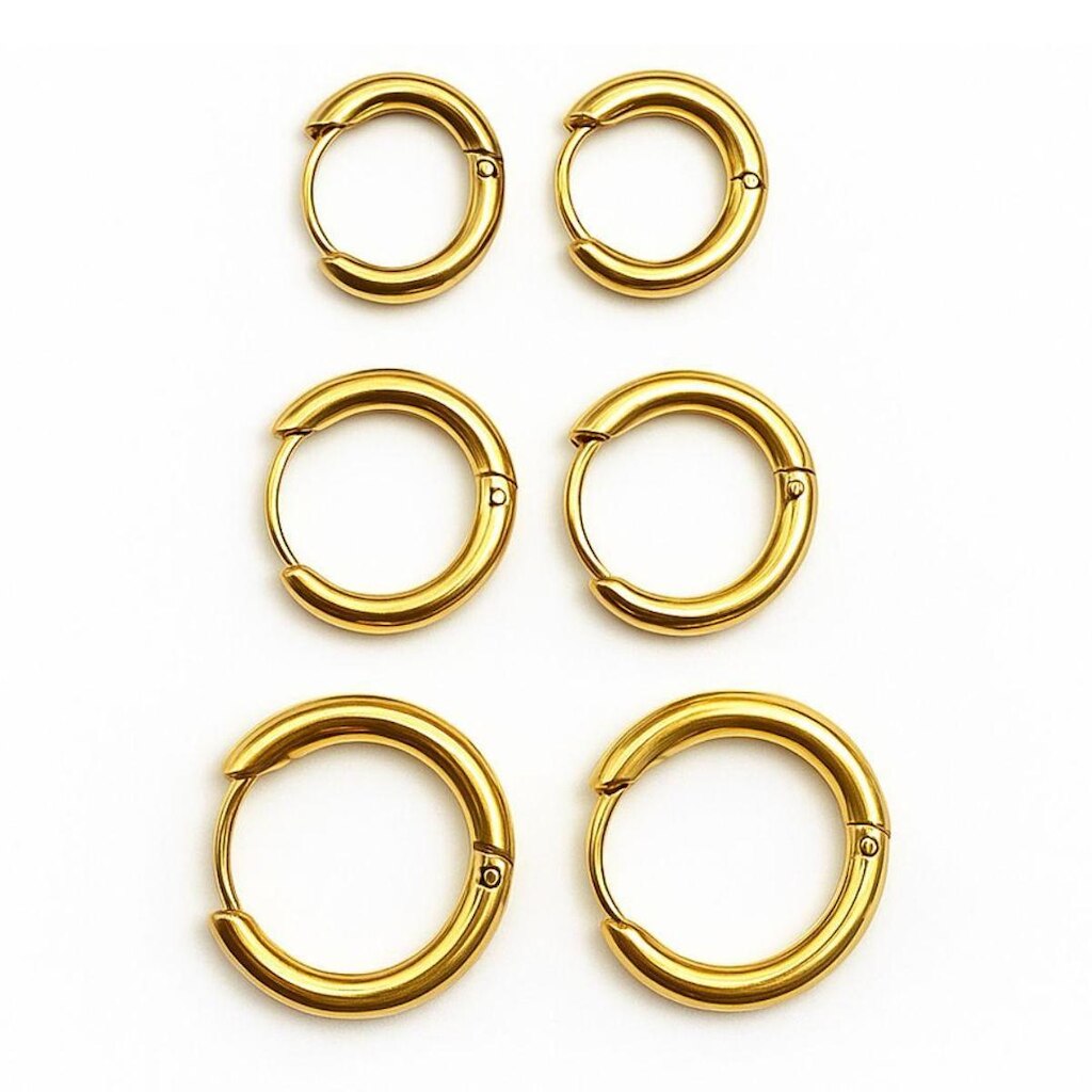 Trio de Brincos Argolas Femininas Aço Inoxidável 316L Dourada Hipoalergênica 14mm 16mm 18mm