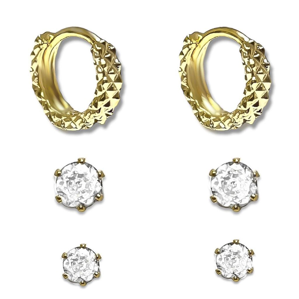Trio de Brincos Argolinha Texturizada e Duas Zirconias Banhado a Ouro 18K