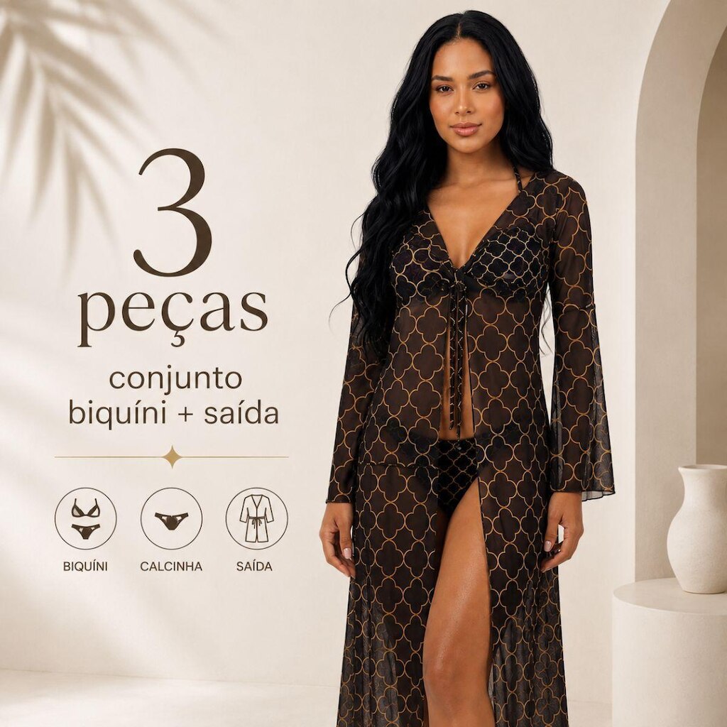 Triquíni Feminino 3 Peças Biquíni com Argola + Saída de Praia Estampado Moda Praia Verão