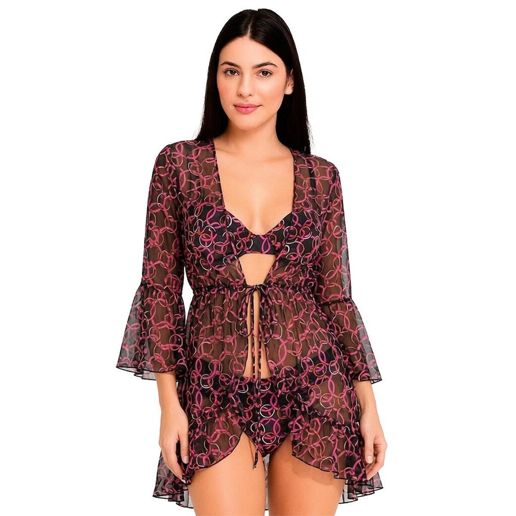 Triquíni Feminino 3 Peças Biquíni com Aro + Saída de Praia de Tule Estampado Moda Praia