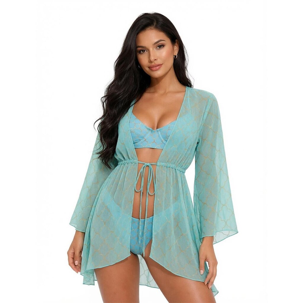 Triquíni Feminino 3 Peças Biquíni com Aro + Saída de Praia de Tule Estampado Moda Praia