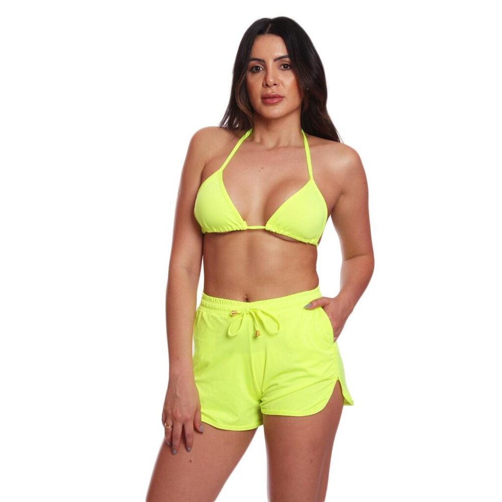 Triquíni Feminino Conjunto Biquíni Tanga Bilunga + Short Bojo Removível Moda Praia Piscina