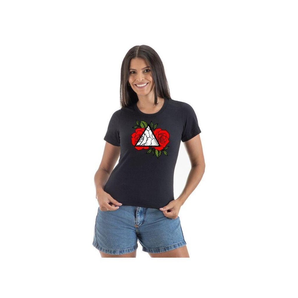 tshirt feminina blusa básica detalhe flor gola redonda de algodão dia a dia trabalho
