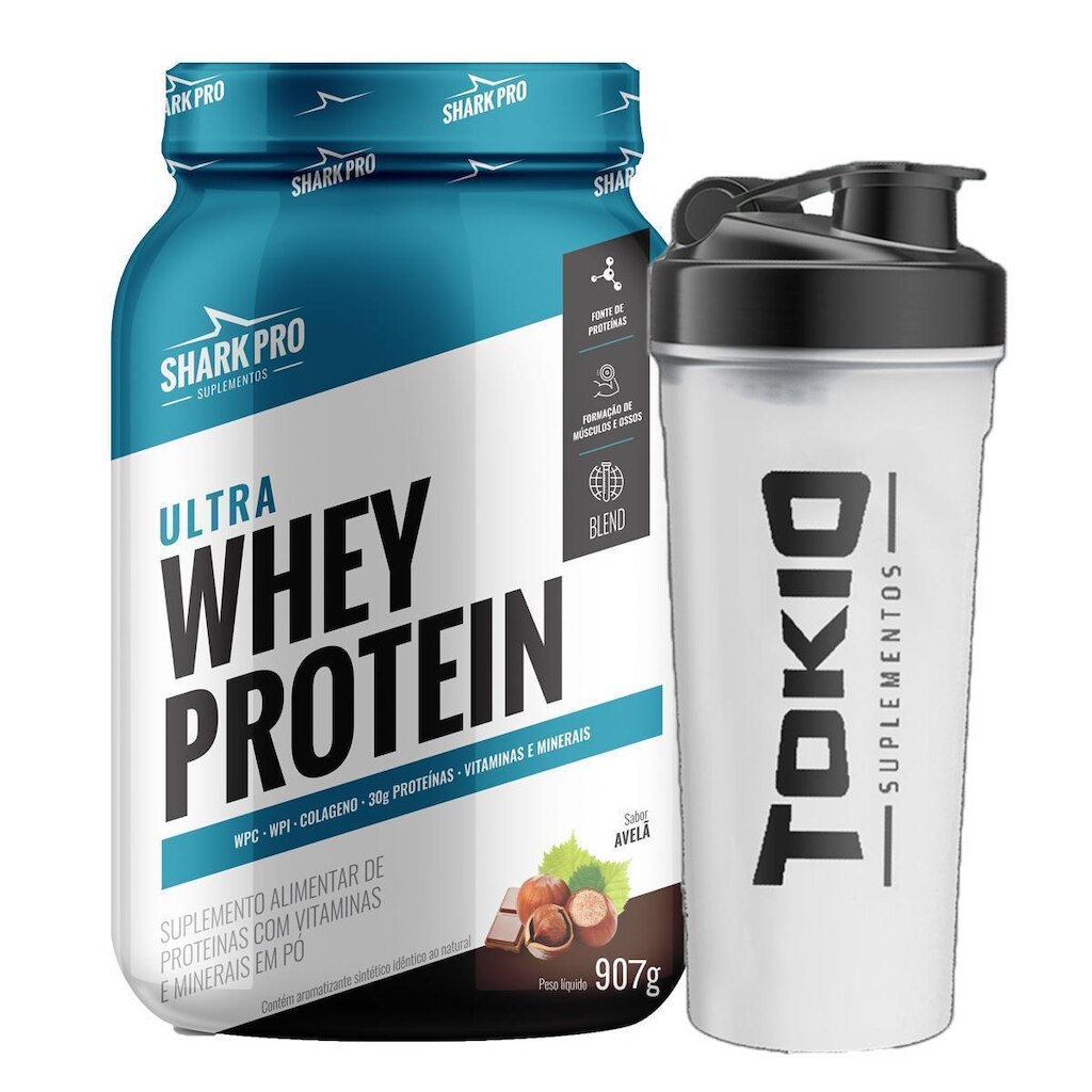 Ultra Whey Chocolate Avela 907g Shark Pro + Shaker Tokio 600ml