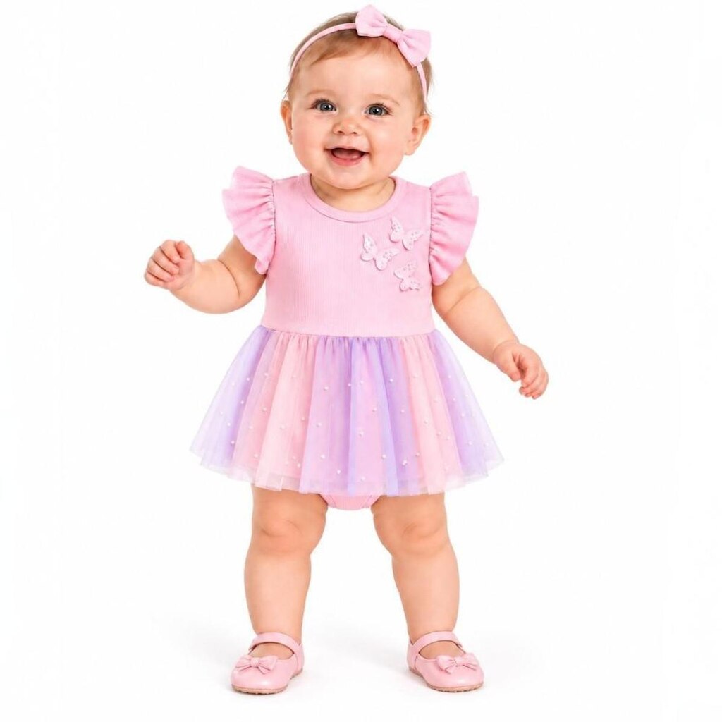 Vestbody Canelado Liz E Tule Com Borboletas Kukiê