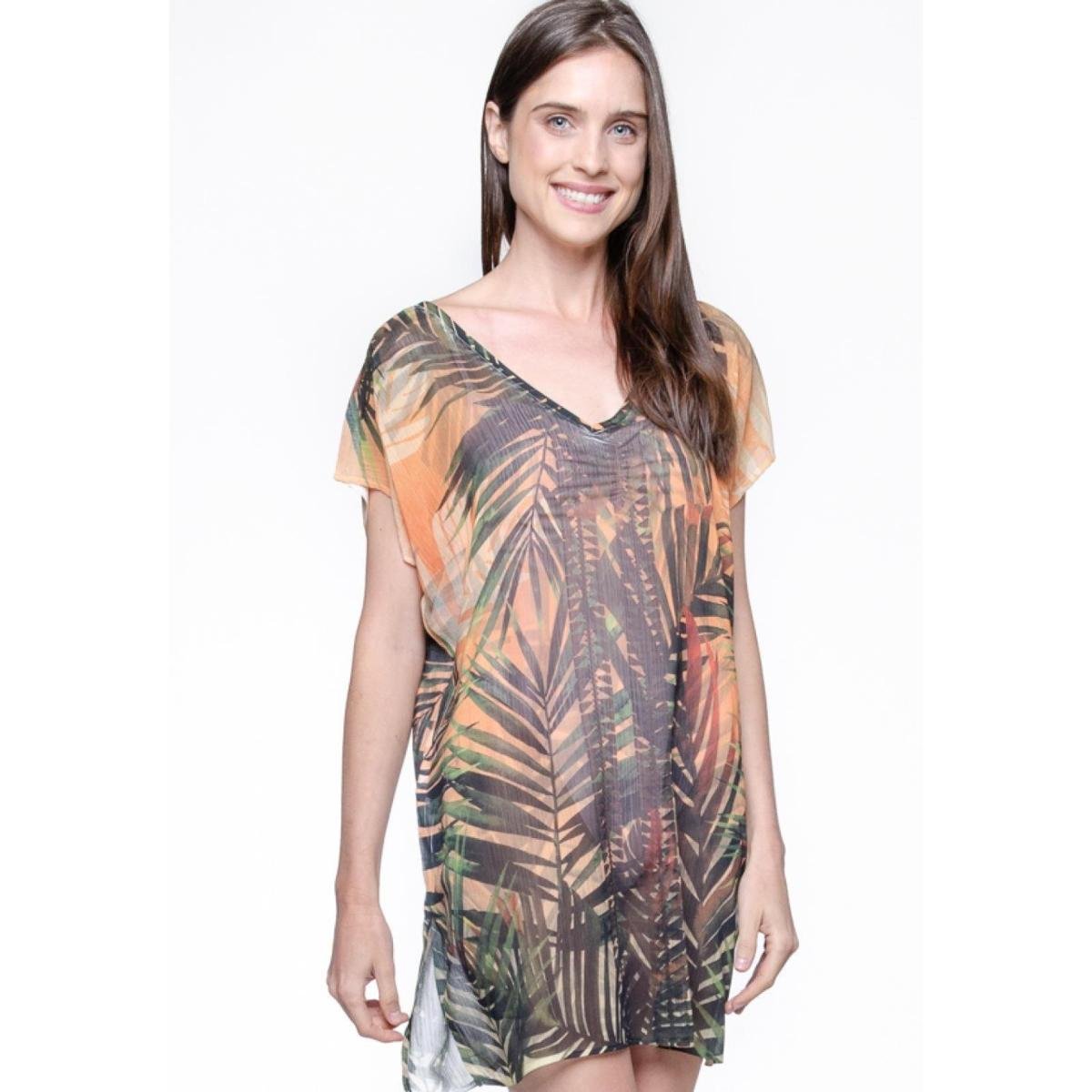 VESTIDO 101 RESORT WEAR Saida de Praia Tunica DECOTE V CREPE Fendas Estampada Menor preço em VESTIDO 101 RESORT WEAR Saida de Praia Tunica DECOTE V CREPE Fendas Estampada
