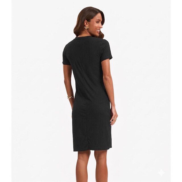Vestido Acinturado Em Ribana Canelada Rovitex Preto
