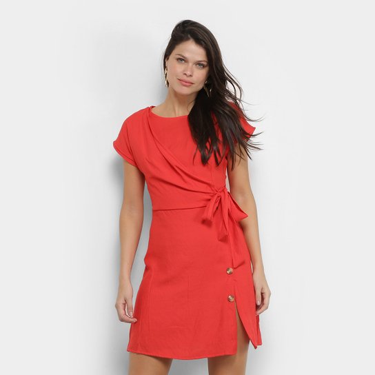 Vestido Adooro! Curto Linho Botões - Rosa Escuro