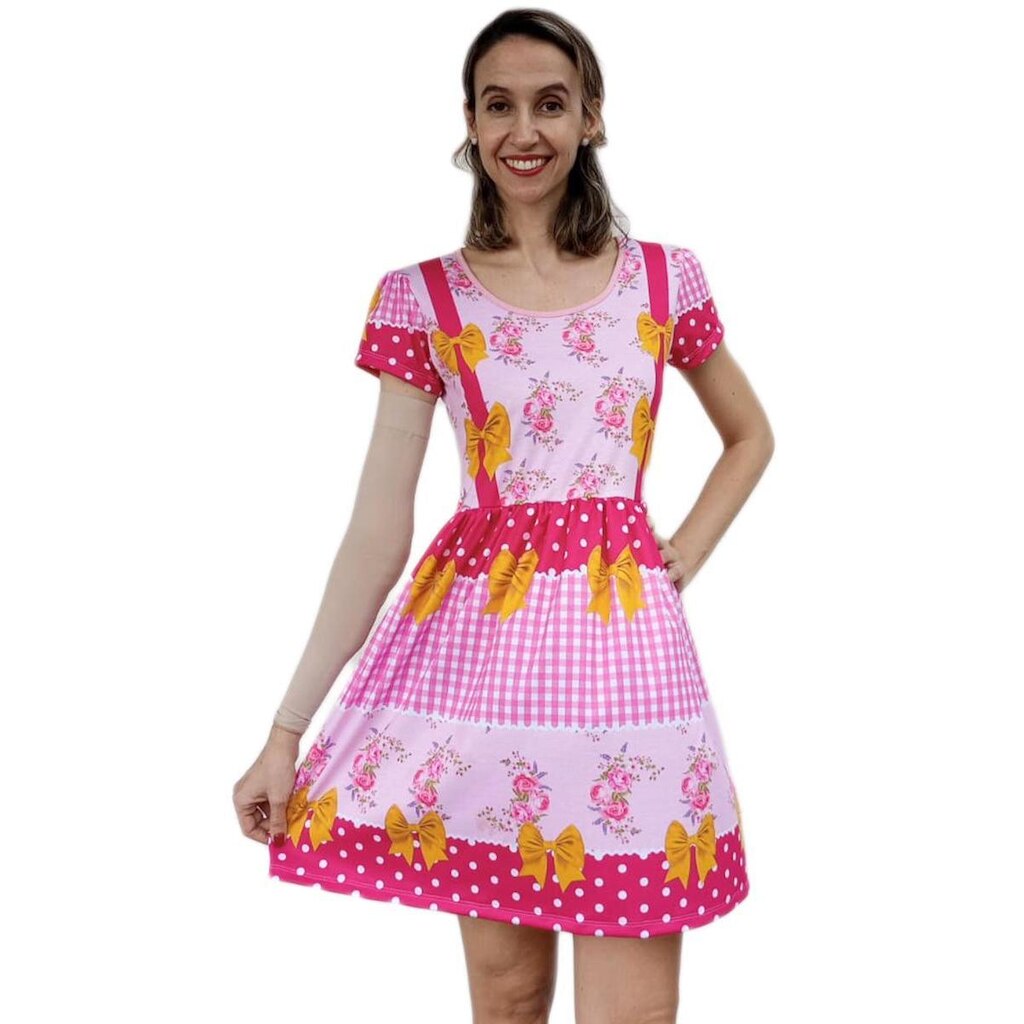 Vestido Adulto Temático Estampado Festa Junina Rosa