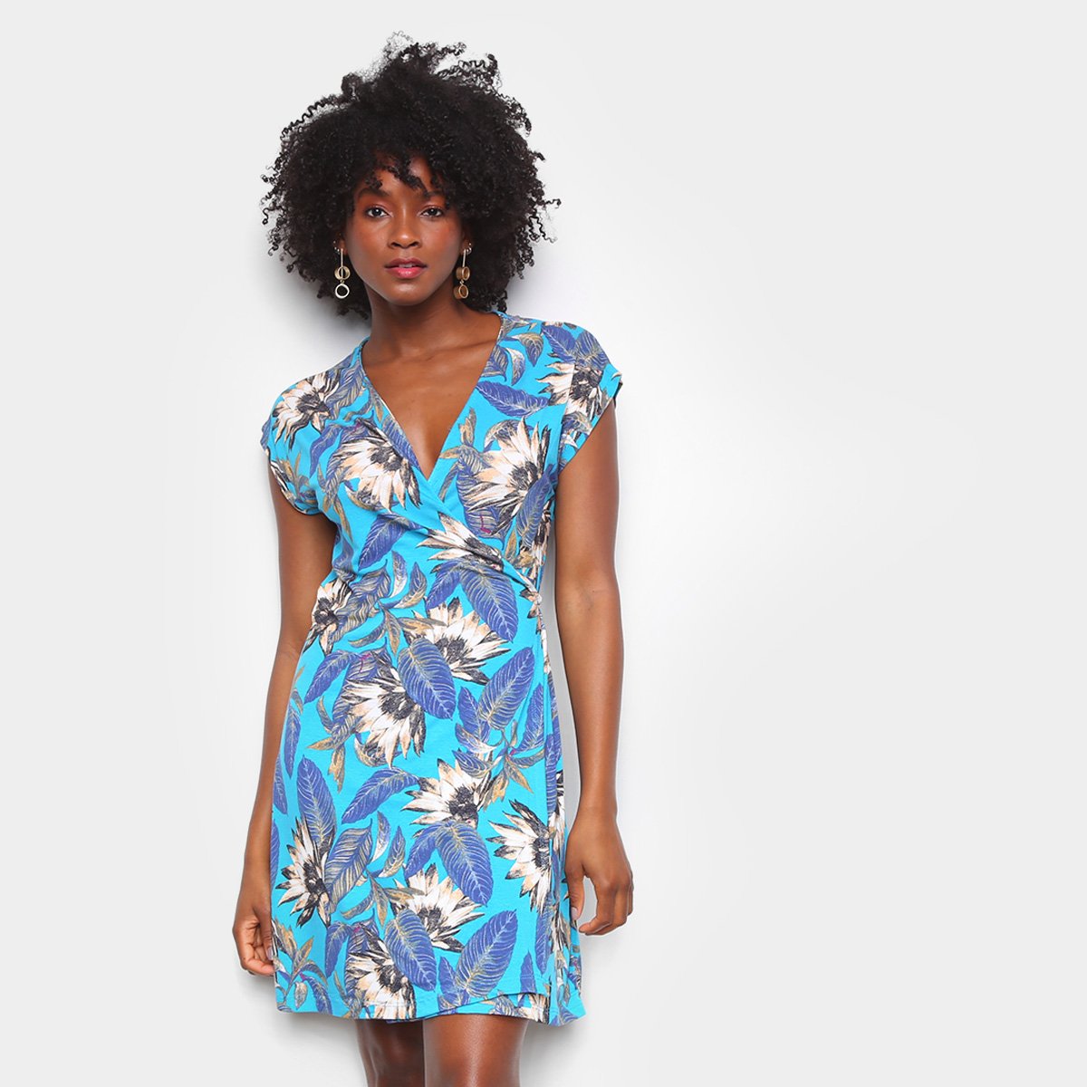 Vestido Água Viva Curto Tranpassado Floral - Azul Menor preço em Vestido Água Viva Curto Tranpassado Floral - Azul