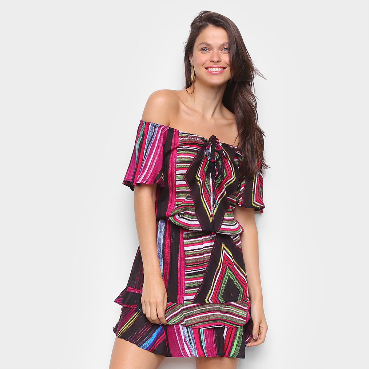Vestido Água Viva Ombro a Ombro Manga Curta Estampado - Rosa e Preto Menor preço em Vestido Água Viva Ombro a Ombro Manga Curta Estampado - Rosa e Preto