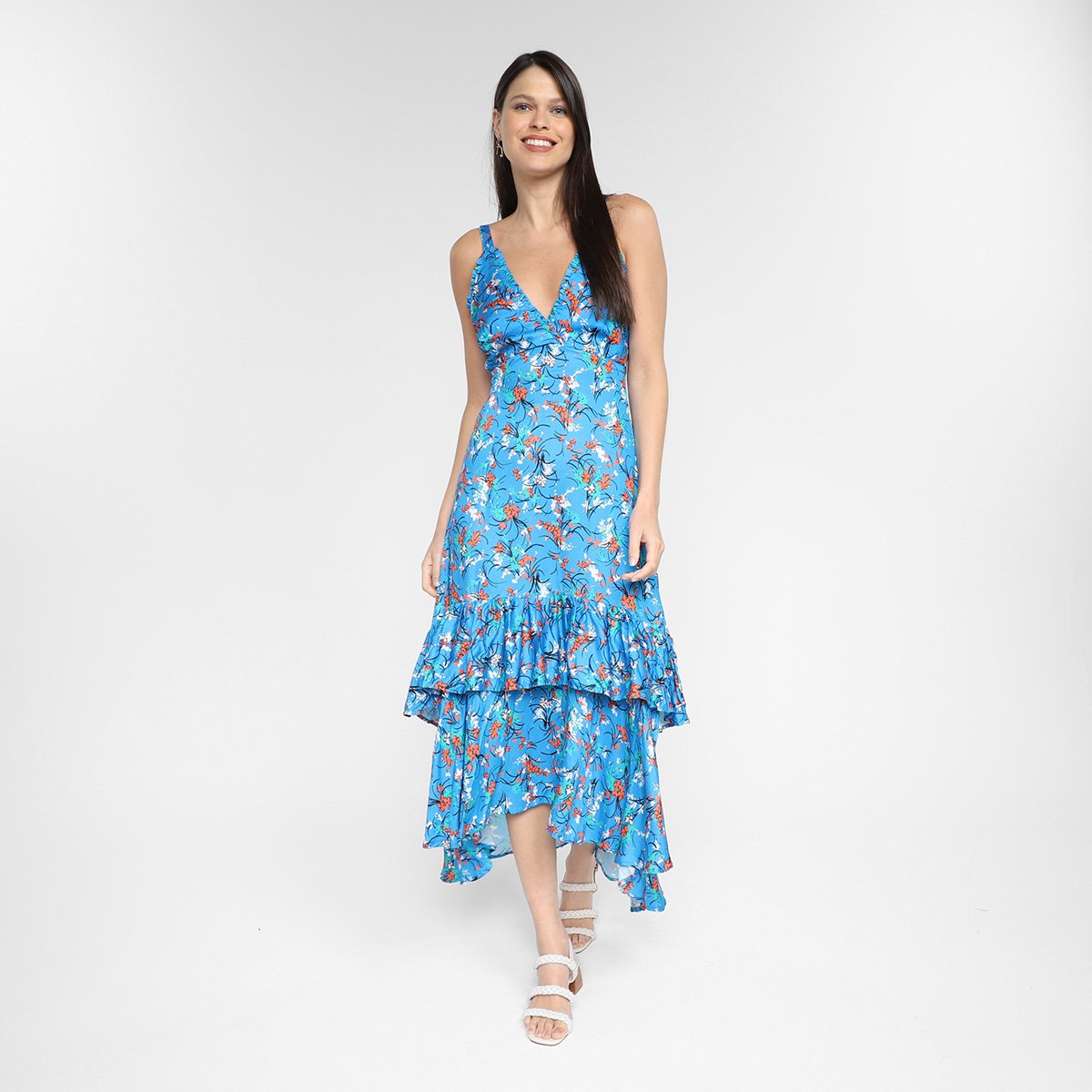Vestido All Is Love Evasê Midi Babado Floral - Azul Menor preço em Vestido All Is Love Evasê Midi Babado Floral - Azul