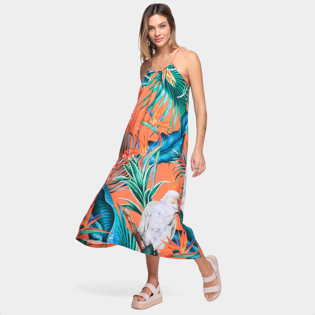 Vestido All Is Love Evasê Midi Calopsita - Laranja Menor preço em Vestido All Is Love Evasê Midi Calopsita - Laranja