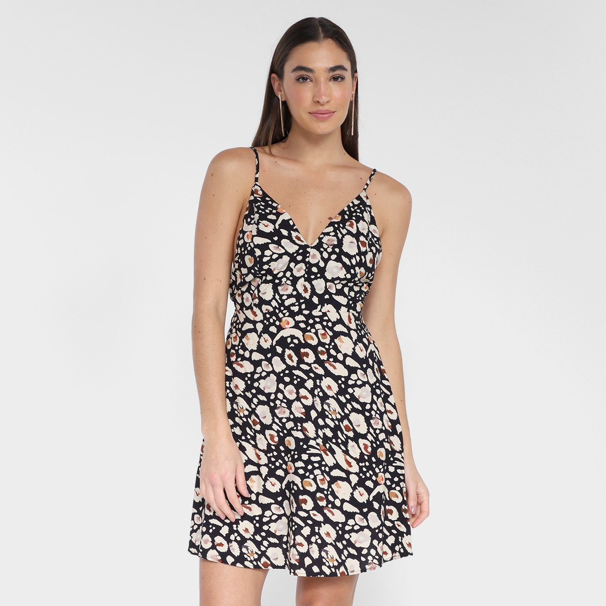 Vestido Animale Jeans Curto Alças Decote V Onça - Onça Menor preço em Vestido Animale Jeans Curto Alças Decote V Onça - Onça