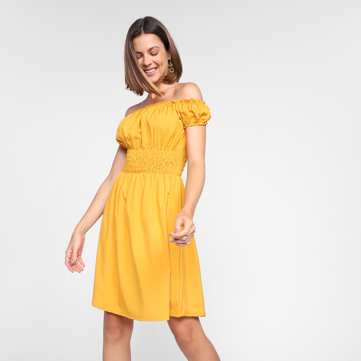 Vestido Ayaka Curto Ombro a Ombro Liso - Amarelo Menor preço em Vestido Ayaka Curto Ombro a Ombro Liso - Amarelo