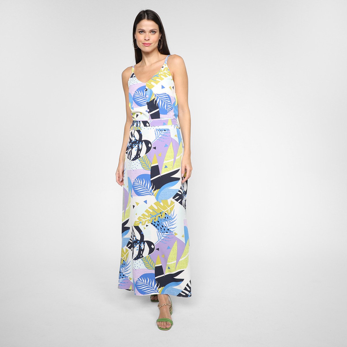 Vestido Ayaka Evasê Longo Plantas - Roxo Menor preço em Vestido Ayaka Evasê Longo Plantas - Roxo