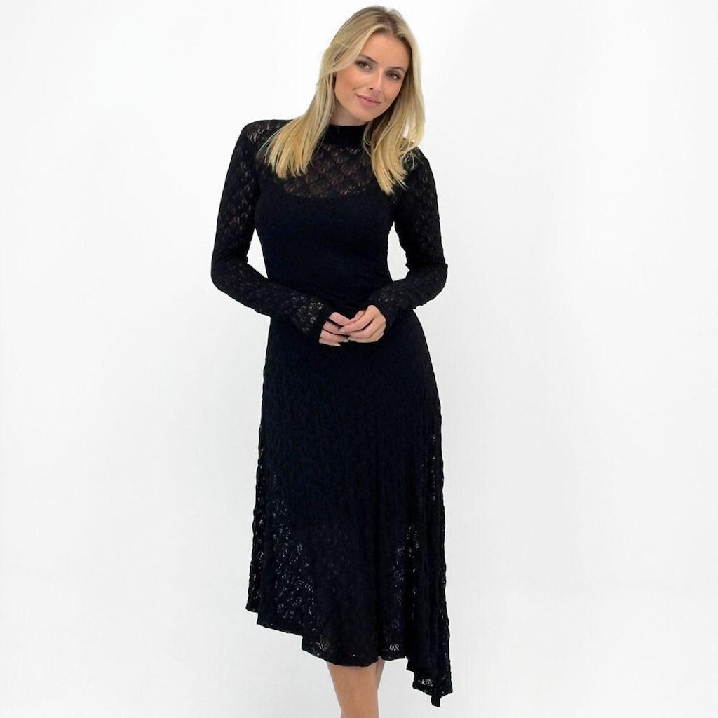 Vestido Bana Bana Assimétrico Midi em Renda Manga Longa Feminino